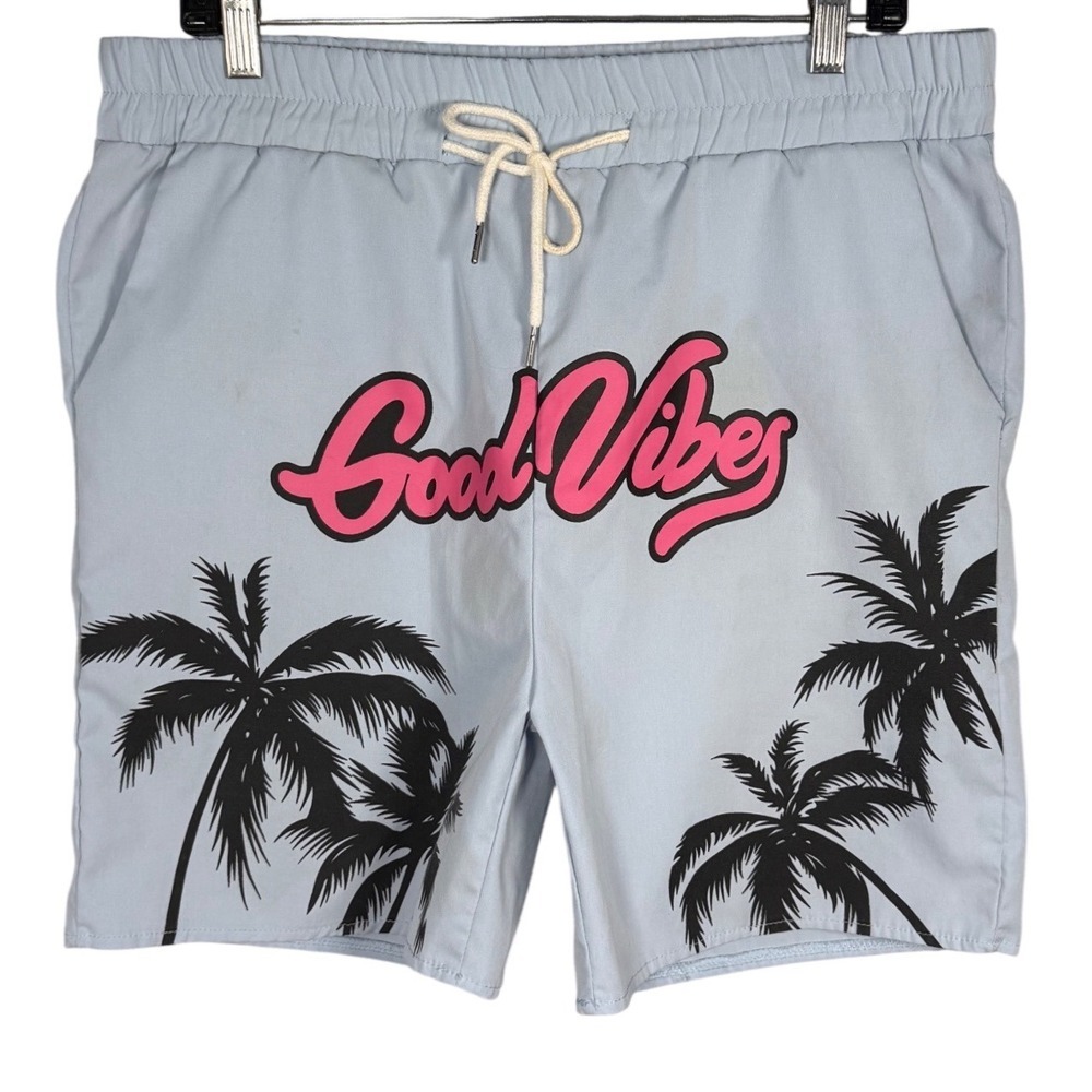 ROMWE Mens Light Blue Good Vibes Palm Tree Graphic Shorts Size M Summer Beach